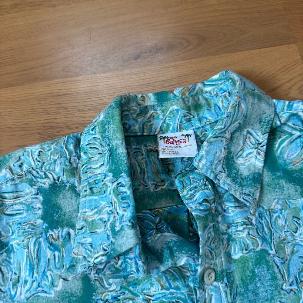 Vintage 90's Go Barefoot Trader Joes Uniform Blue Hawaiian Floral Polo Shirt L - Picture 4 of 9